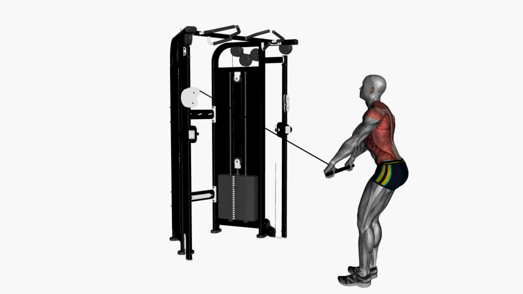Instructor performing Standing Lat Cable Pull Over exercise on a cable machine