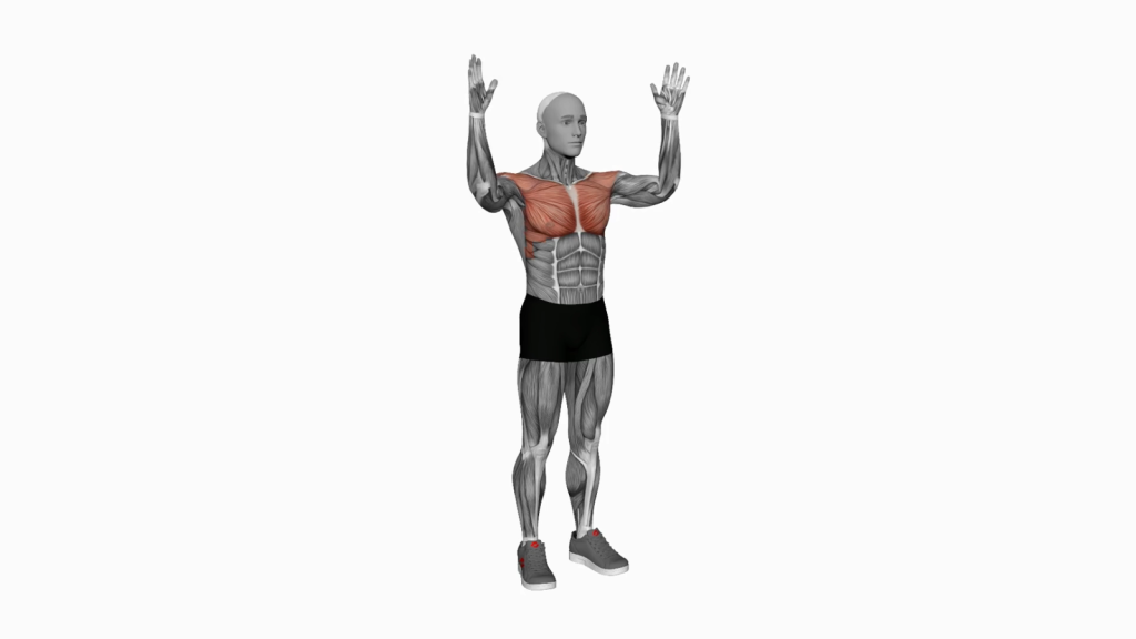 Beginner doing bodyweight standing fly exercise for shoulder strengthening.
