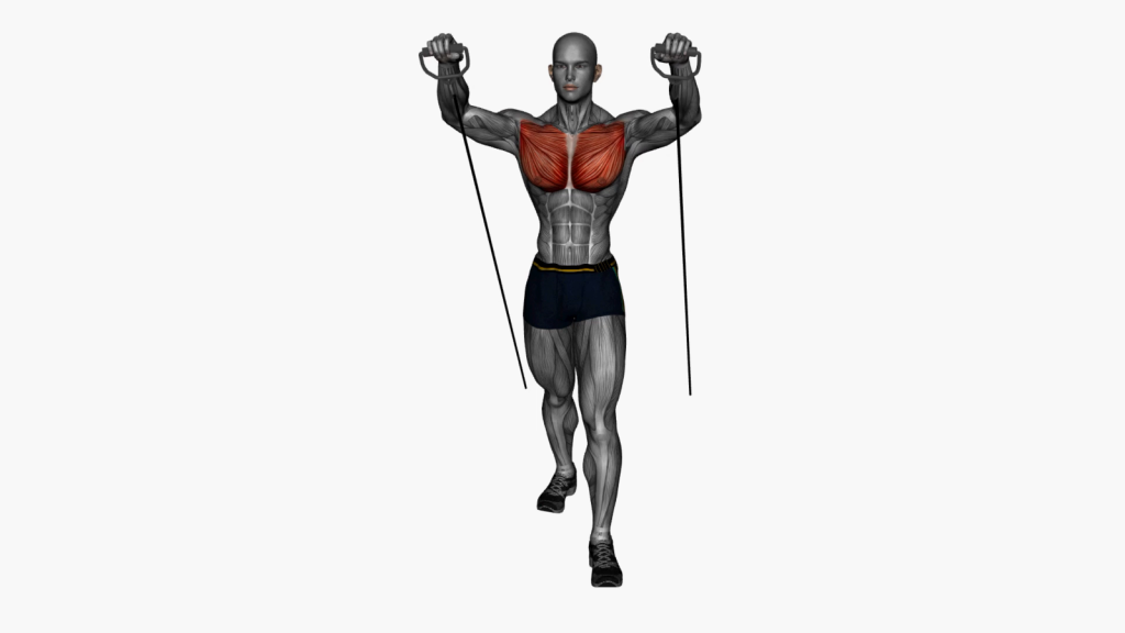 Person performing low to high chest press exercise with resistance band