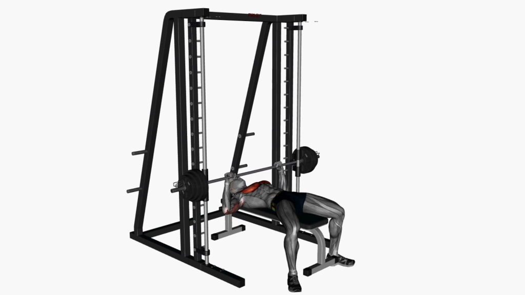 Beginner gym-goer executing Smith Machine Flat Press exercise with correct posture.
