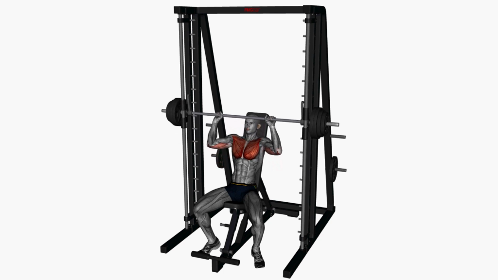 Beginner performing Smith Machine Incline Press in a gym, demonstrating proper posture and technique.