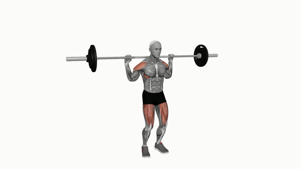 A beginner executing the Barbell Behind Neck Push Press in a gym setting