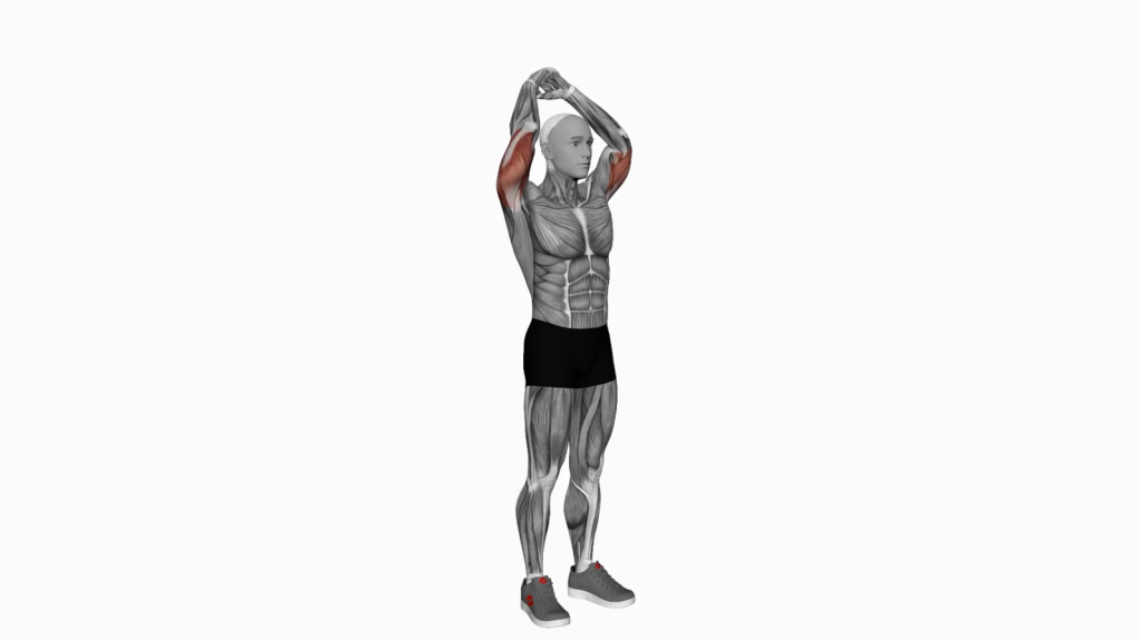 Beginner doing bodyweight overhead triceps extension exercise