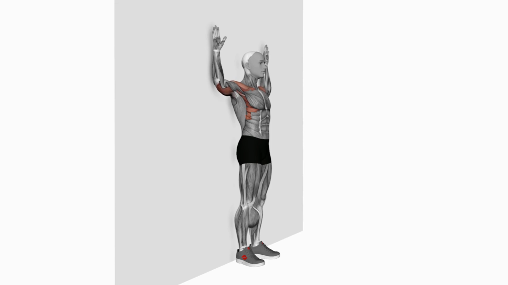 Beginner doing a wall-supported standing military press exercise