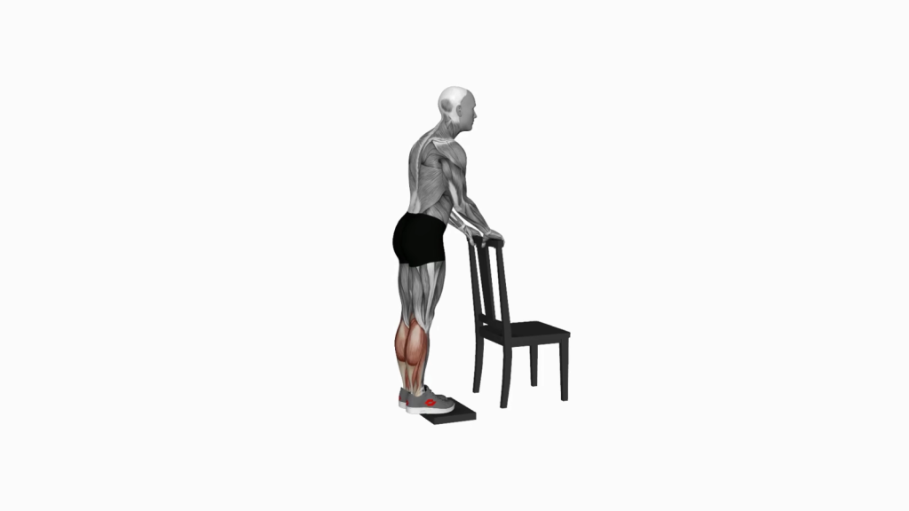 Beginner-friendly calf raise exercise using chair for support and deficit stance for enhanced muscle engagement