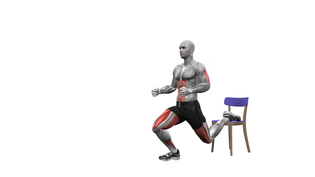 Beginner performing Chair Bulgarian Split Squat with left leg on chair, demonstrating proper form and technique.