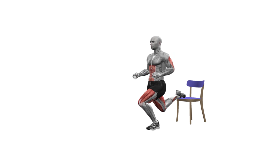 Beginner doing Chair Bulgarian Split Squats using a chair for support