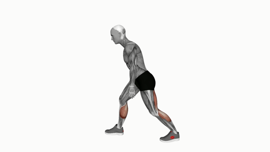 Illustration of a person performing the Crouching Heel Back Calf Stretch, showcasing proper posture and technique.