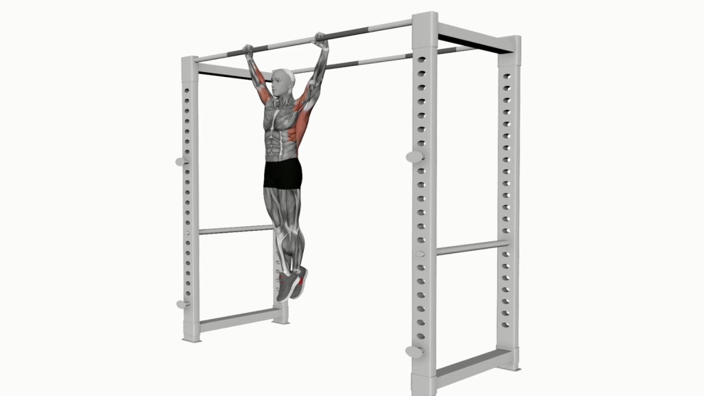 Beginner performing a dead hang stretch from a pull-up bar, demonstrating proper form and technique.