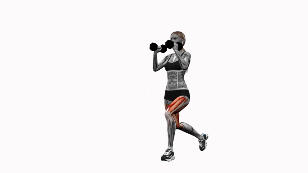 Beginner doing a dumbbell curtsy lunge exercise, demonstrating proper posture and technique.