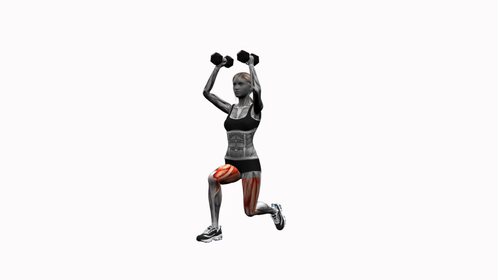 Beginner executing Dumbbell Lunge with Overhead Press in a gym setting.
