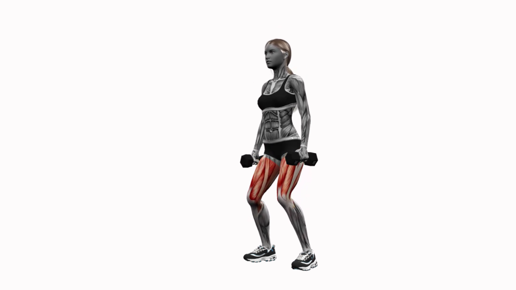 Beginner performing a dumbbell squat with correct posture and alignment