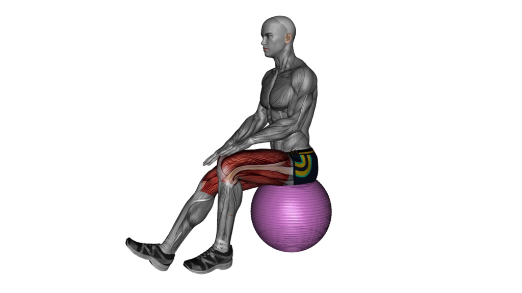 Beginner performing seated hamstring stretch on exercise ball.