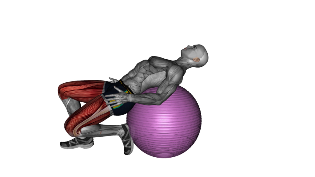 Person performing the seated quad stretch on an exercise ball to improve leg flexibility and strength