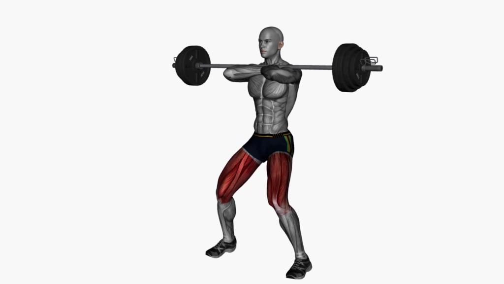 Beginner performing front squat with a barbell, demonstrating correct posture and form