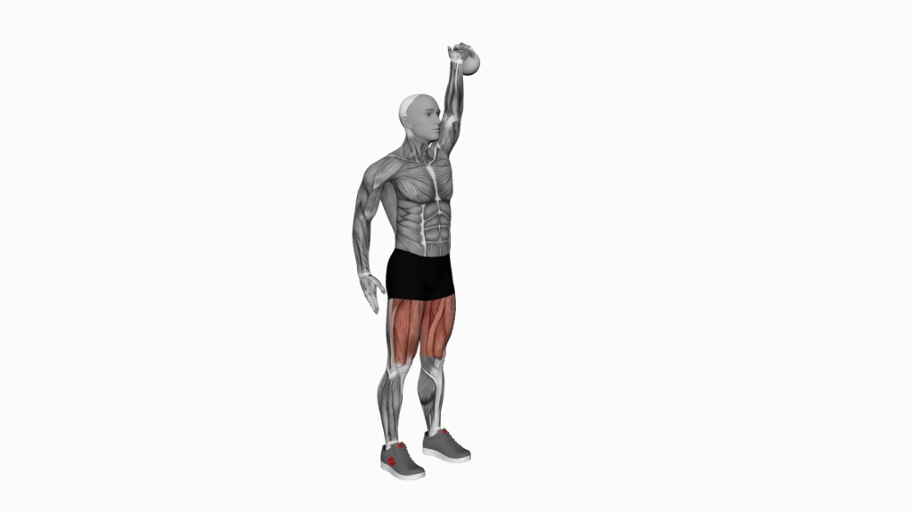 Beginner training with kettlebell in single arm overhead lunge position for full-body workout.