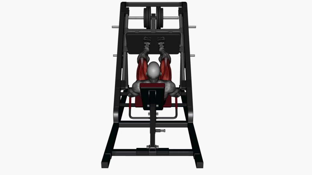 Beginner working out on a leg press machine, demonstrating the normal stance position for optimal lower body strength.