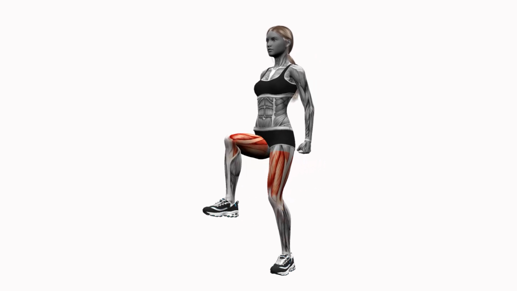Beginner performing Lunge to Knee Drive Right exercise for strength and balance.