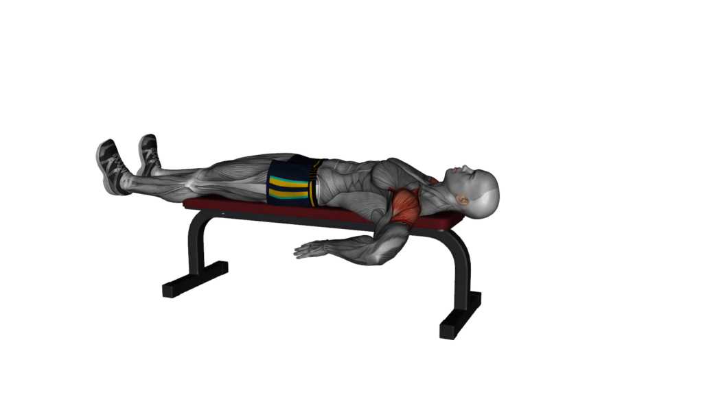 Illustration of a beginner doing the Lying Bench Internal Shoulder Rotation Stretch on a bench.