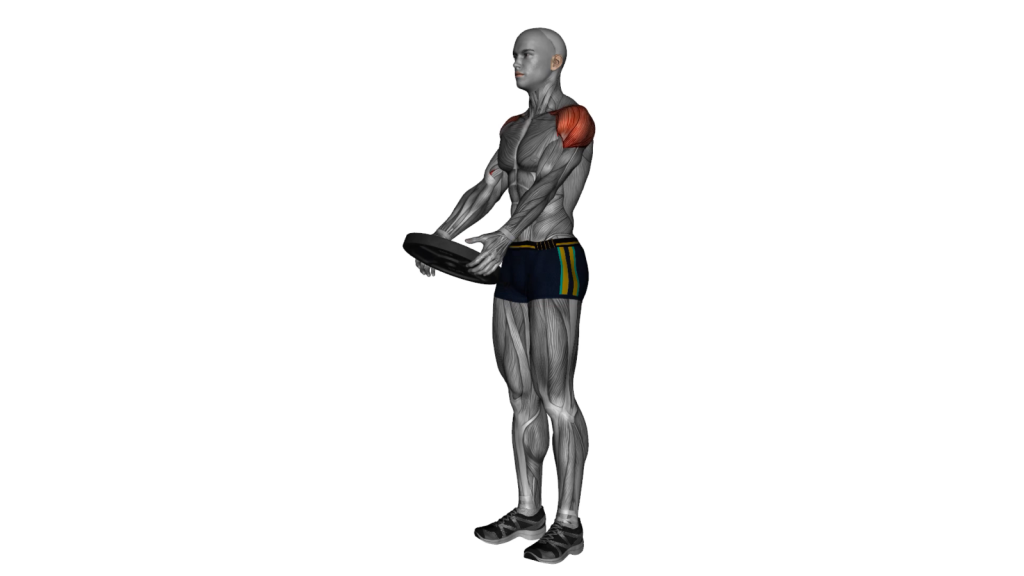 Beginner doing Plate Front Raise exercise with correct form and focus