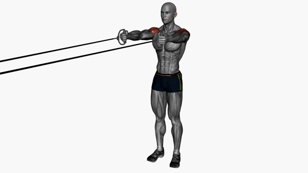 Beginner exercising using cable resistance band for rear deltoid fly.