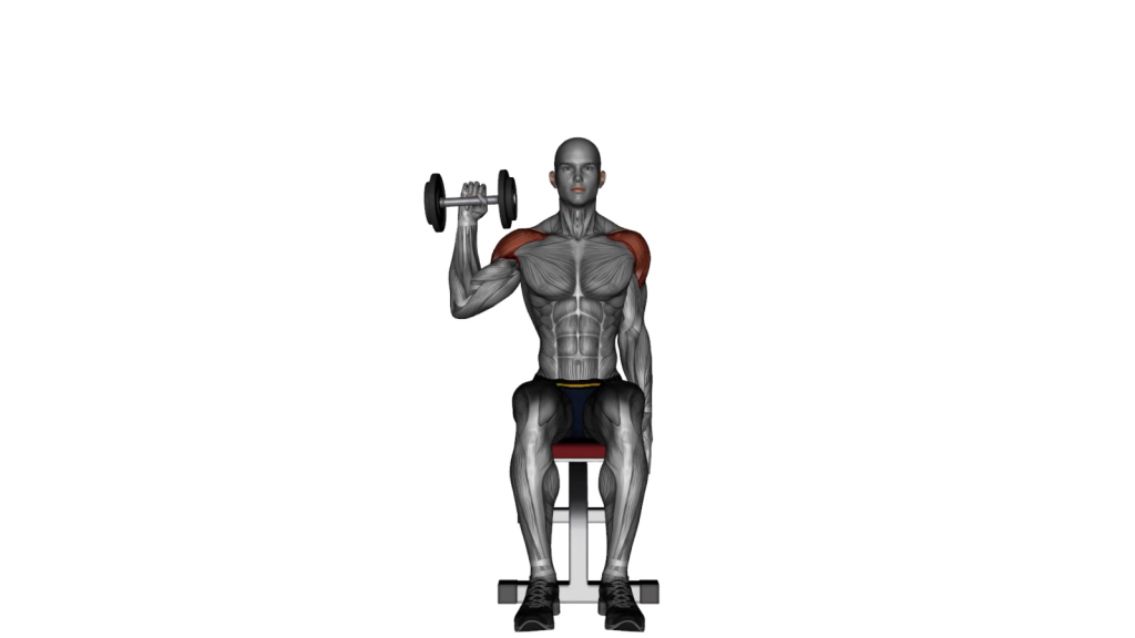 Person executing Seated Dumbbell One Arm Shoulder Press in a gym setting.