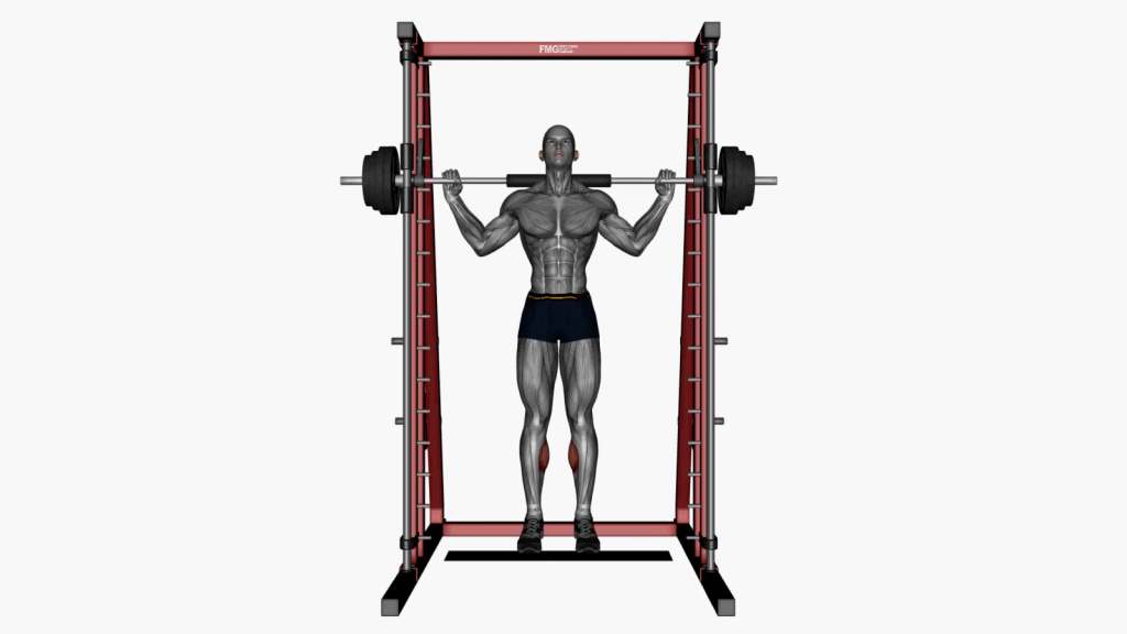 Beginner at the gym doing calf raises using the Smith Machine for improved lower body strength.