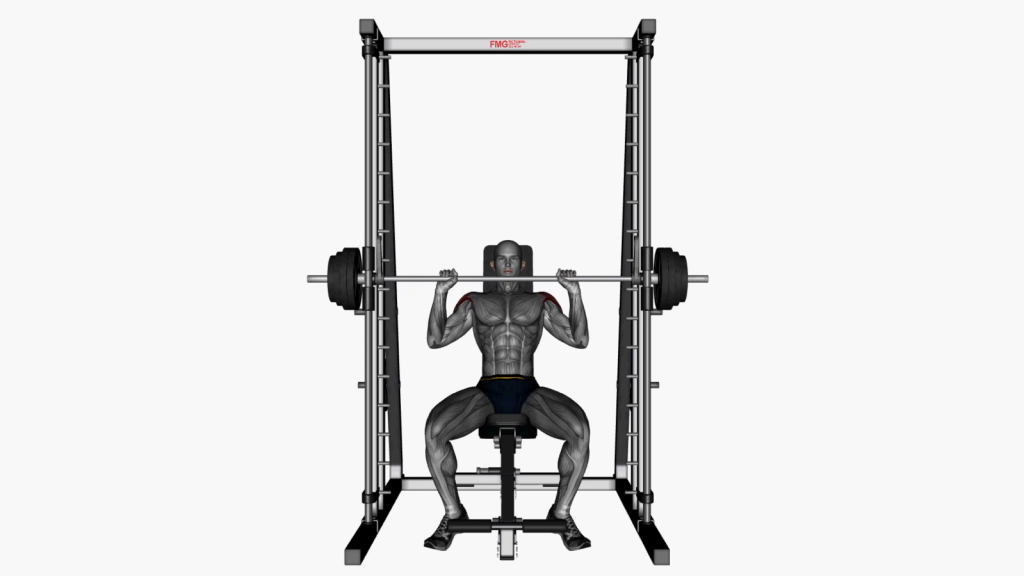 Beginner gym-goer performing the Smith Machine Shoulder Press, showcasing correct posture and technique.