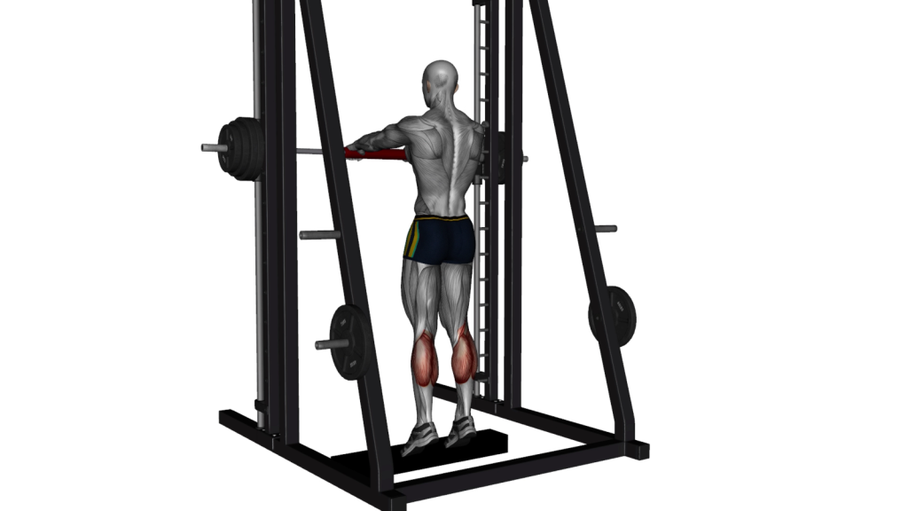 Beginner performing standing calf raises on a Smith Machine with correct form and posture